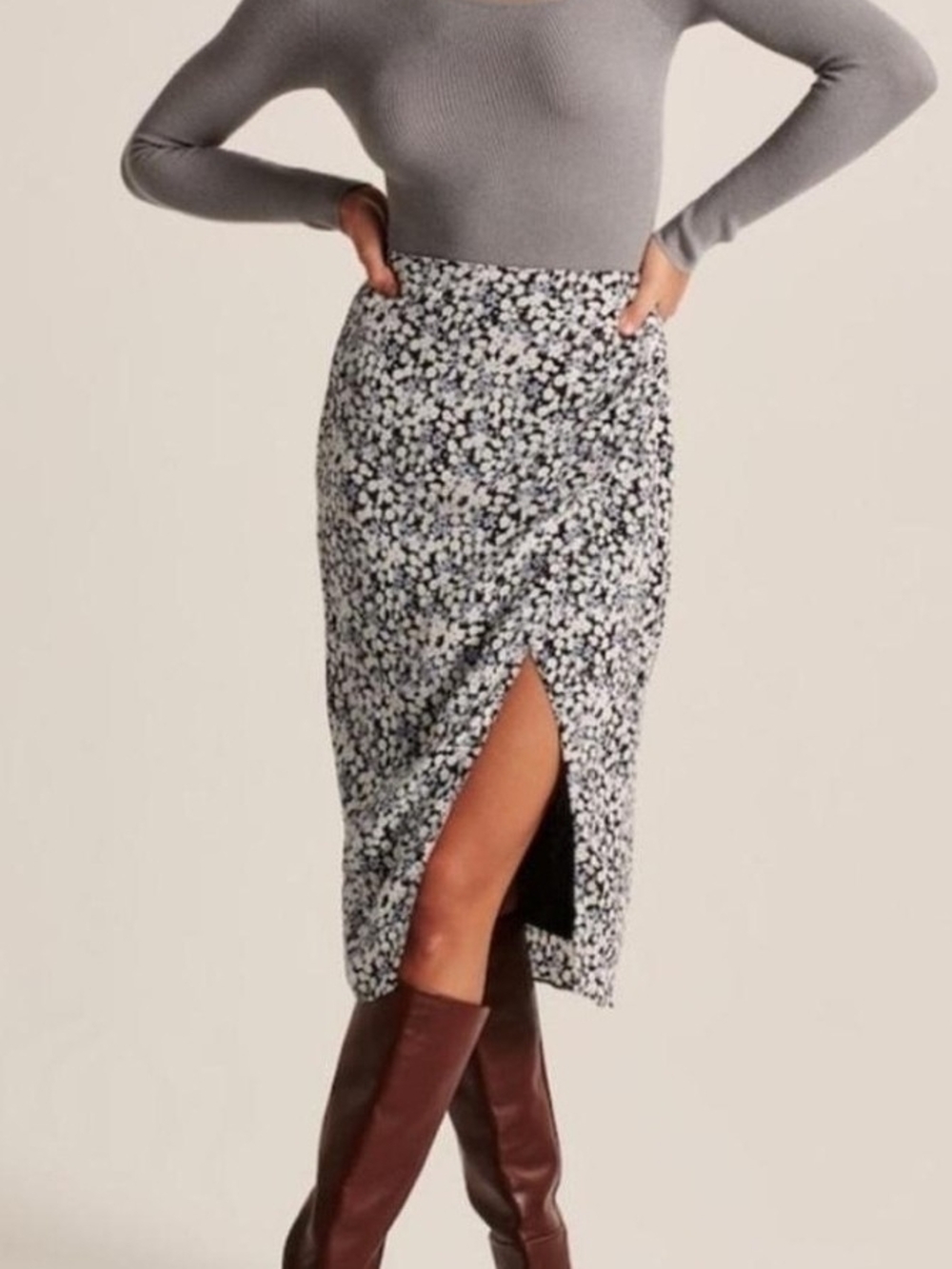 Abercrombie & Fitch Floral Midi Skirt with Front Slit